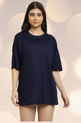 elegance redefined Solid Women Round Neck Dark Blue T-Shirt