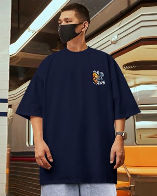 TEEMEX Printed Men Round Neck Navy Blue T-Shirt