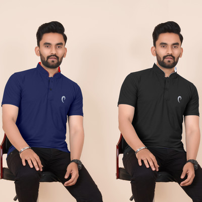 Pio Sports Printed, Solid Men Mandarin Collar Multicolor T-Shirt
