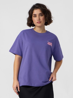 The Souled Store Embroidered Women Round Neck Purple T-Shirt