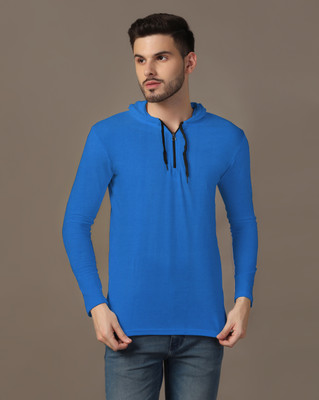 GEUM Solid Men Hooded Neck Blue T-Shirt