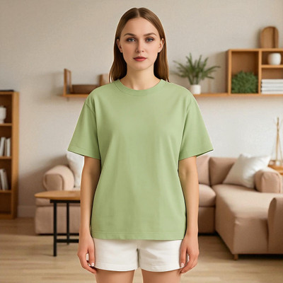 Elvia Solid Women Round Neck Light Green T-Shirt