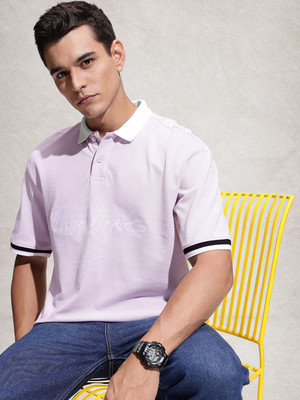 WROGN Self Design Men Polo Neck Purple T-Shirt