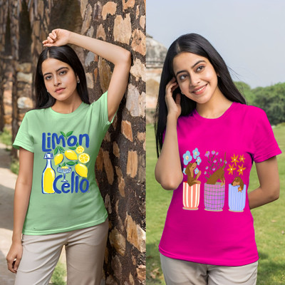 Lecowar Graphic Print Women Round Neck Green, Pink T-Shirt