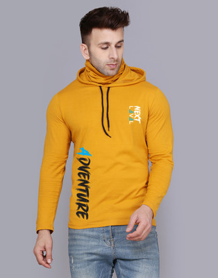 SLOWLORIS Typography Men Hooded Neck Yellow T-Shirt