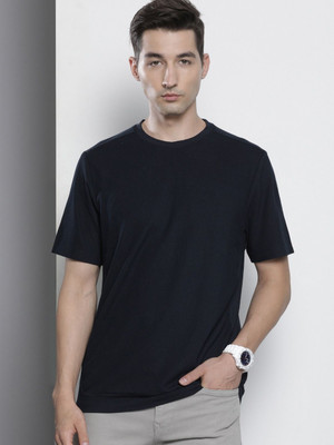 RULEDBYSUN Solid Men Round Neck Navy Blue T-Shirt