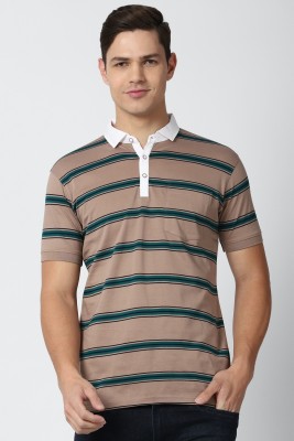 PETER ENGLAND Striped Men Polo Neck Beige T-Shirt