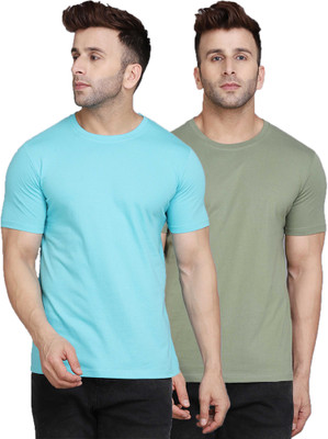 Cryptic Solid Men Round Neck Blue, Green T-Shirt