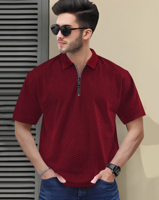 AUSK Checkered Men Polo Neck Maroon T-Shirt