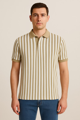 WILD ELEPHANT Striped Men Polo Neck Brown T-Shirt