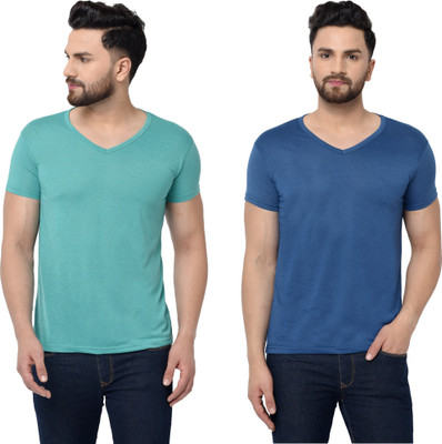 Tresna Fab Solid Men V Neck Dark Blue, Light Green T-Shirt