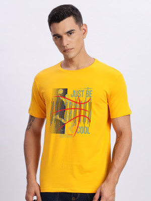 ADRO Printed Men Round Neck Yellow T-Shirt