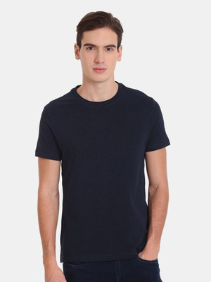 RULEDBYSUN Solid Men Round Neck Navy Blue T-Shirt