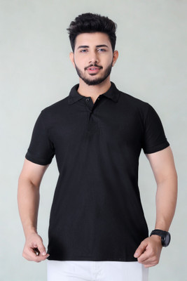 KASHIRA Solid Men Polo Neck Black T-Shirt
