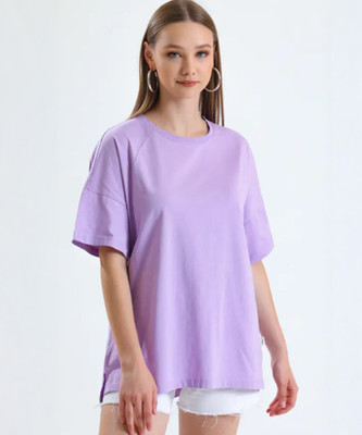FURRR Solid Women Round Neck Purple T-Shirt