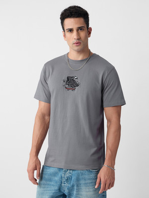The Souled Store Embroidered Men Round Neck Grey T-Shirt