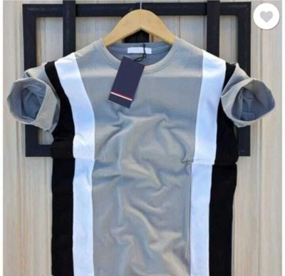 Meetri Colorblock Men Round Neck Grey T-Shirt