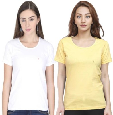 Jabro Solid Women Round Neck White, Yellow T-Shirt