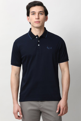 PETER ENGLAND Solid Men Polo Neck Dark Blue T-Shirt