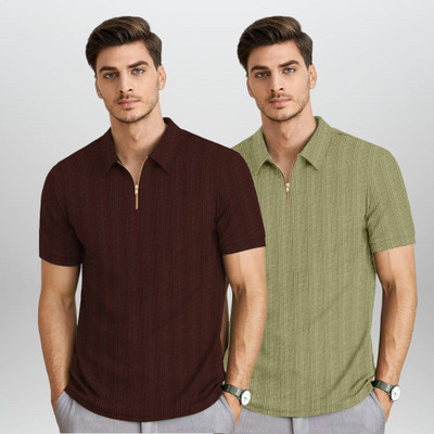 BROWEARS Self Design Men Zip Neck Brown, Green T-Shirt