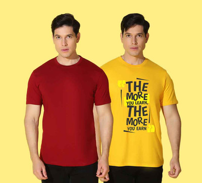 WOOSTRO Solid, Printed Men Round Neck Yellow, Red T-Shirt