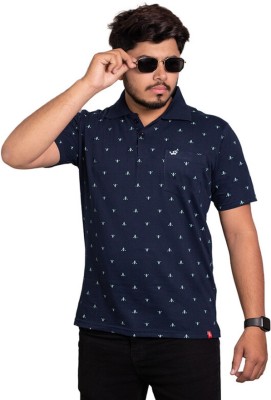 Onestar Printed Men Polo Neck Navy Blue, White T-Shirt