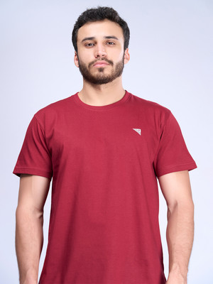 Ramraj Cotton Solid Men Round Neck Maroon T-Shirt