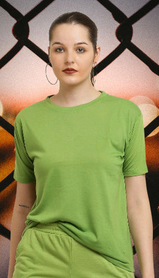 CANIDAE Solid Women Round Neck Light Green T-Shirt