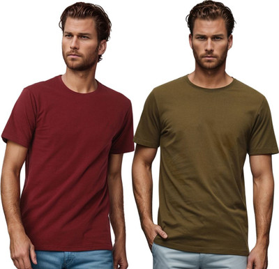 BlueFicus Solid Men Round Neck Maroon, Green T-Shirt