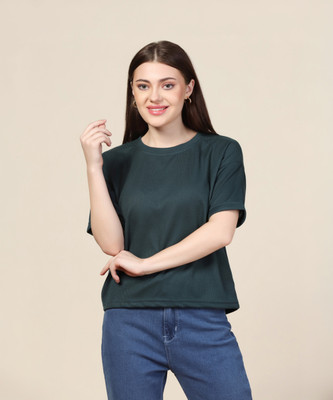 Rahi Trendz Self Design Women Round Neck Dark Green T-Shirt