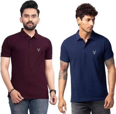 ELEGORY Solid Men Polo Neck Dark Blue, Maroon T-Shirt