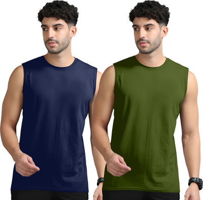 Adorbs Solid Men Round Neck Dark Blue, Dark Green T-Shirt
