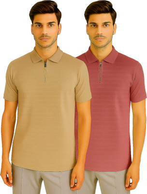 R ROCKIN TEES Self Design Men Zip Neck Beige, Maroon T-Shirt