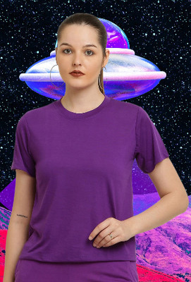CANIDAE Solid Women Round Neck Purple T-Shirt