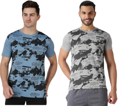 ND Printed Men Round Neck Blue, Grey T-Shirt