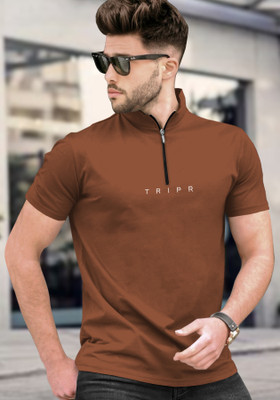 TRIPR Solid Men Mandarin Collar Brown T-Shirt