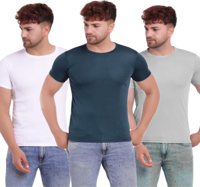 KASPY Solid Men Round Neck Dark Blue, White, Grey T-Shirt