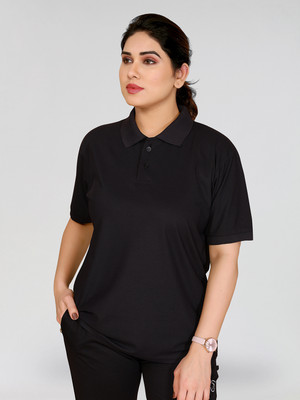 Moda Rapido Solid Women Polo Neck Black T-Shirt