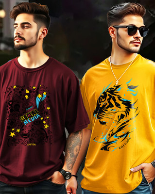 AOOSH Printed Men Round Neck Yellow, Maroon T-Shirt