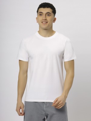 N AND J Solid Men Round Neck White T-Shirt