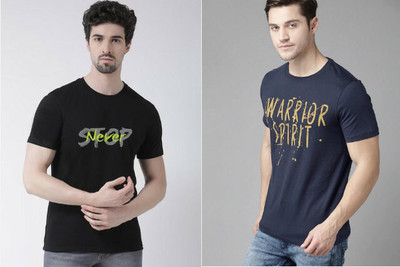 ATTITUDE START OF FASHION Printed Men Round Neck Black, Blue T-Shirt