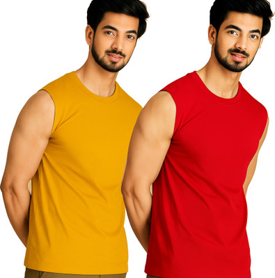 Moordale Solid Men Round Neck Yellow, Red T-Shirt