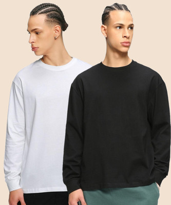 BEWAKOOF Solid Men Round Neck Black, White T-Shirt