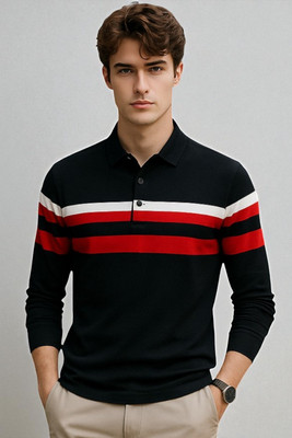 FASHIUM Striped Men Polo Neck Black T-Shirt
