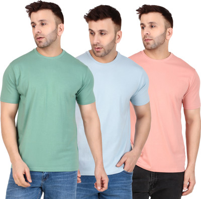 DAMOKI Solid Men Round Neck Light Green, Light Blue, Pink T-Shirt