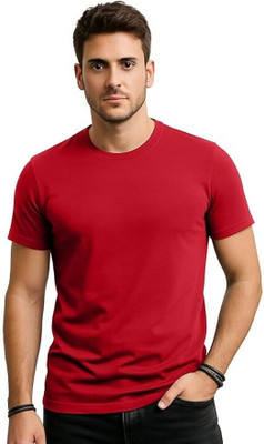 Adnikezed Solid Men Round Neck Red T-Shirt