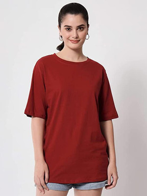 Bokaro Solid Women Round Neck Maroon T-Shirt