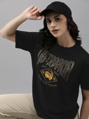 Roadster Printed Women Round Neck Black T-Shirt