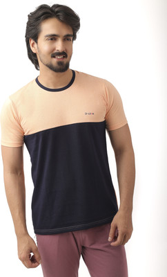 dloak Solid Men Stylised Neck Orange, Navy Blue T-Shirt