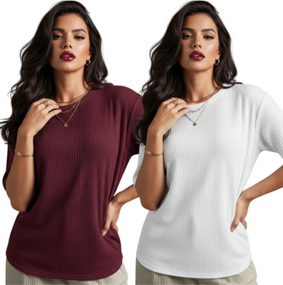 VDTREND Self Design Women Round Neck White T-Shirt